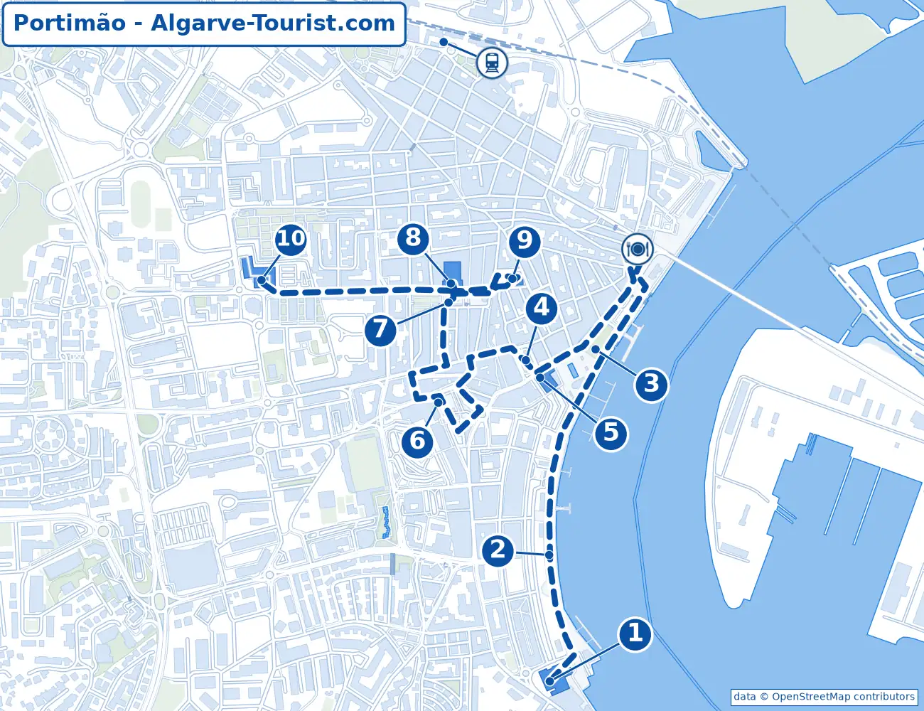 Carte d'une balade à pied dans Portimão : le Museu de Portimão, les quais de la Ribeirinha, la Praça da República, l'Igreja do Colégio et le Mercado de Portimão